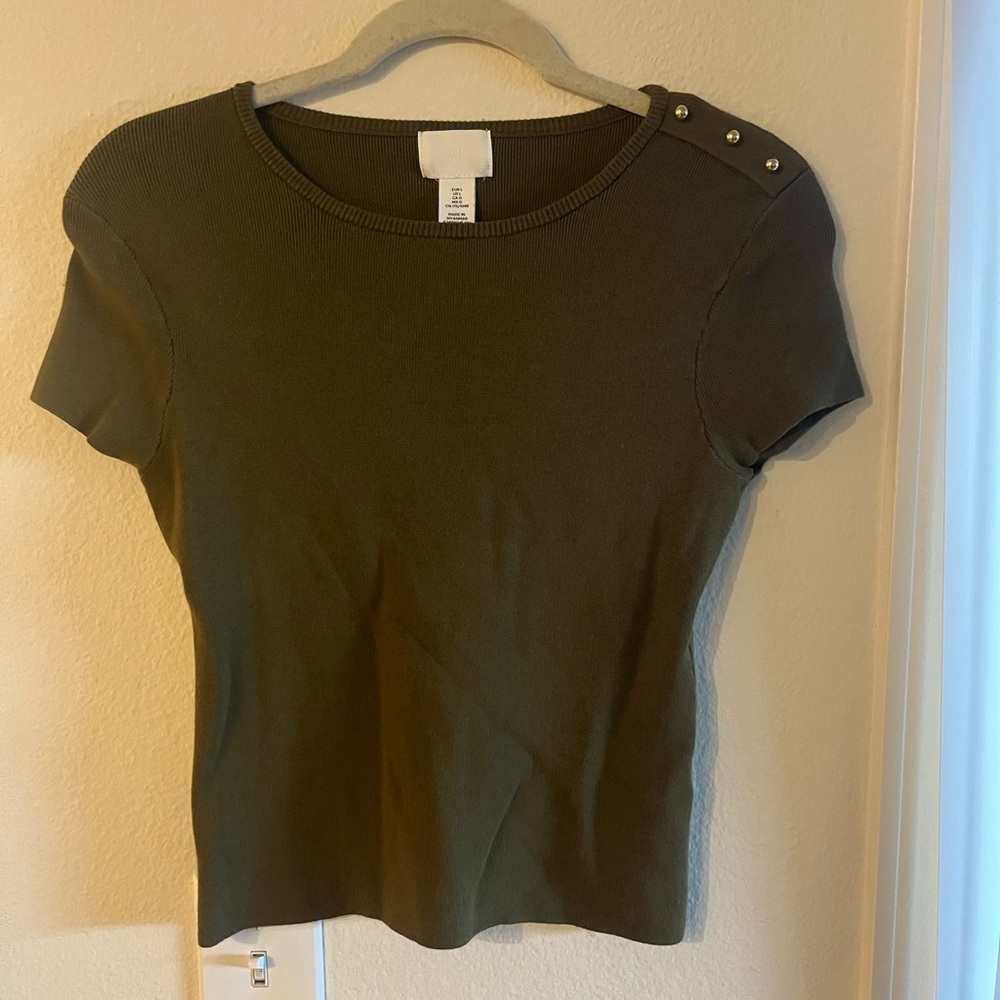 H&M Olive Green Short Sleeve Top with Button Detail